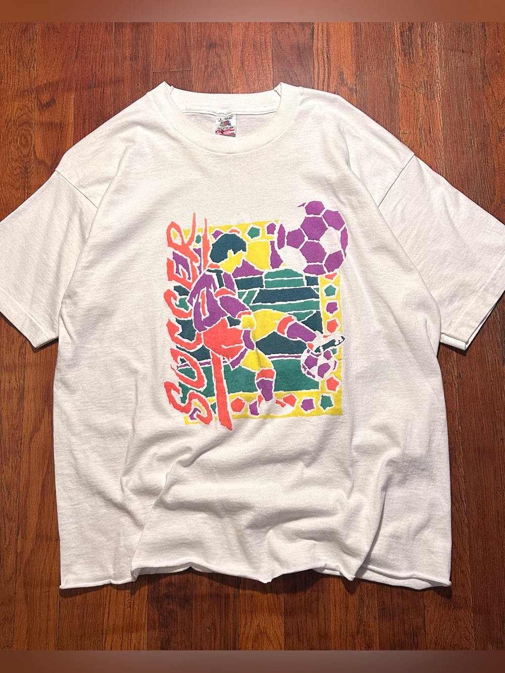 Vintage ‘90s Soccer Multicolor Graphic Single Stitch Cropped White T-shirt M
